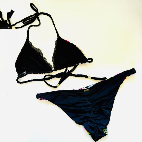 BEACH BUNNY Black Pink Floral Print Panama Reversible Strappy Cutout Bikini L - Picture 5 of 8